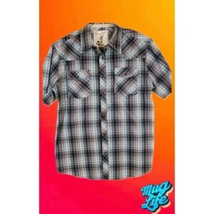 Coastal Pearl Snap Short Sleeve Shirt Mens Sz Medium Brown Blue‎ Plaid Fast Ship